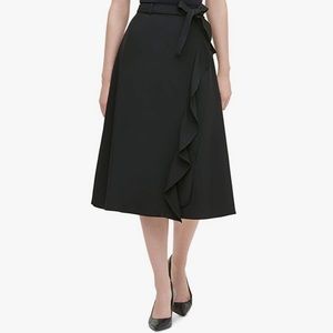 Calvin Klein Black Ruffle Faux Wrap A-Line Skirt Below Knee Midi Work Office NEW